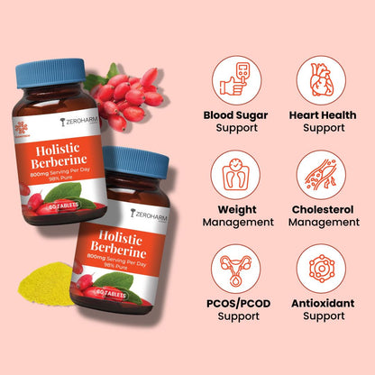 ZEROHARM Holistic Nano Berberine Supplement 98% Pure | Plant-based Berberine Tablets with 800mg per serving | Supports Blood Sugar, Metabolism, Cholesterol Levels & Hormonal Balance | 60 Tablets