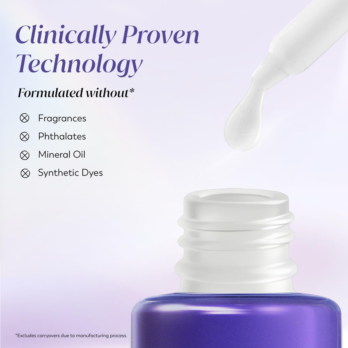 Bottle of skincare product with text about clinically proven technology and ingredient exclusions on a light purple background.