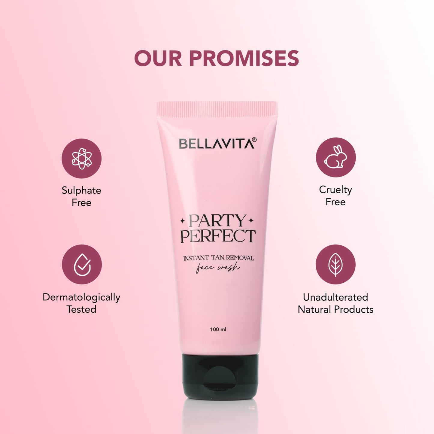 Bellavita Party Perfect face wash tube on a pink background with brand promises listed.