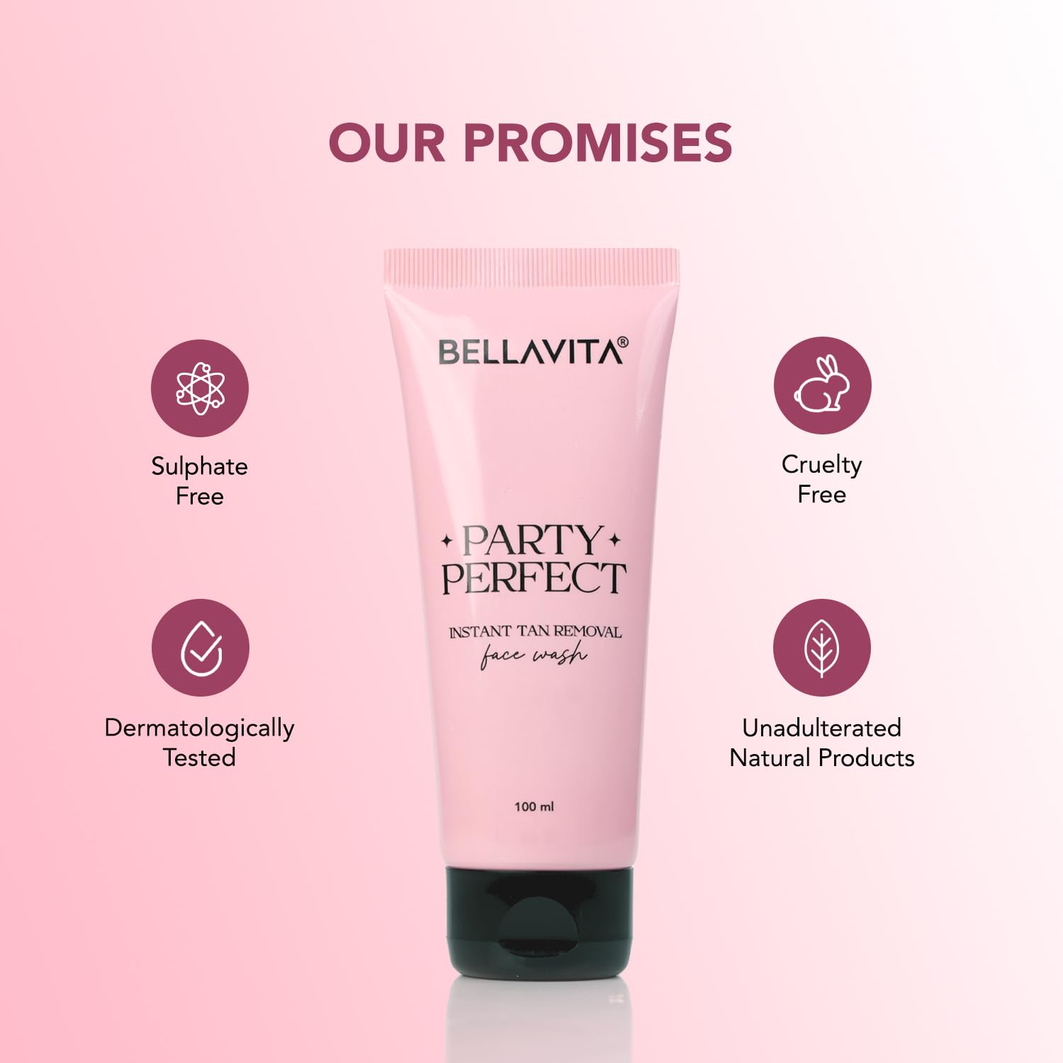 Bellavita Party Perfect face wash tube on a pink background with brand promises listed.