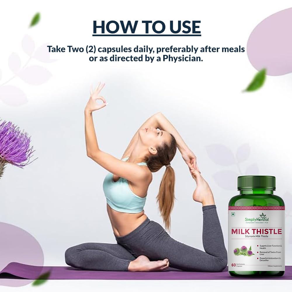 Woman in yoga pose with Milk Thistle supplement bottle on a light purple background