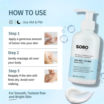 SOBO BEAUTY 10% AHA + 1% BHA Body Lotion | Glycolic Acid 5%, Lactic Acid 5% & Salicylic Acid 1% | For Strawberry Skin, Tan & Uneven Texture | 200 ml | Perfumed