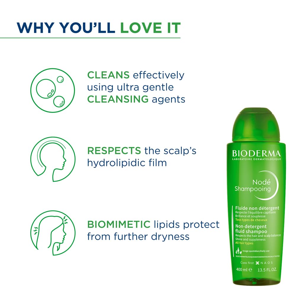 Bioderma Node Shampoo bottle with features on a white background
