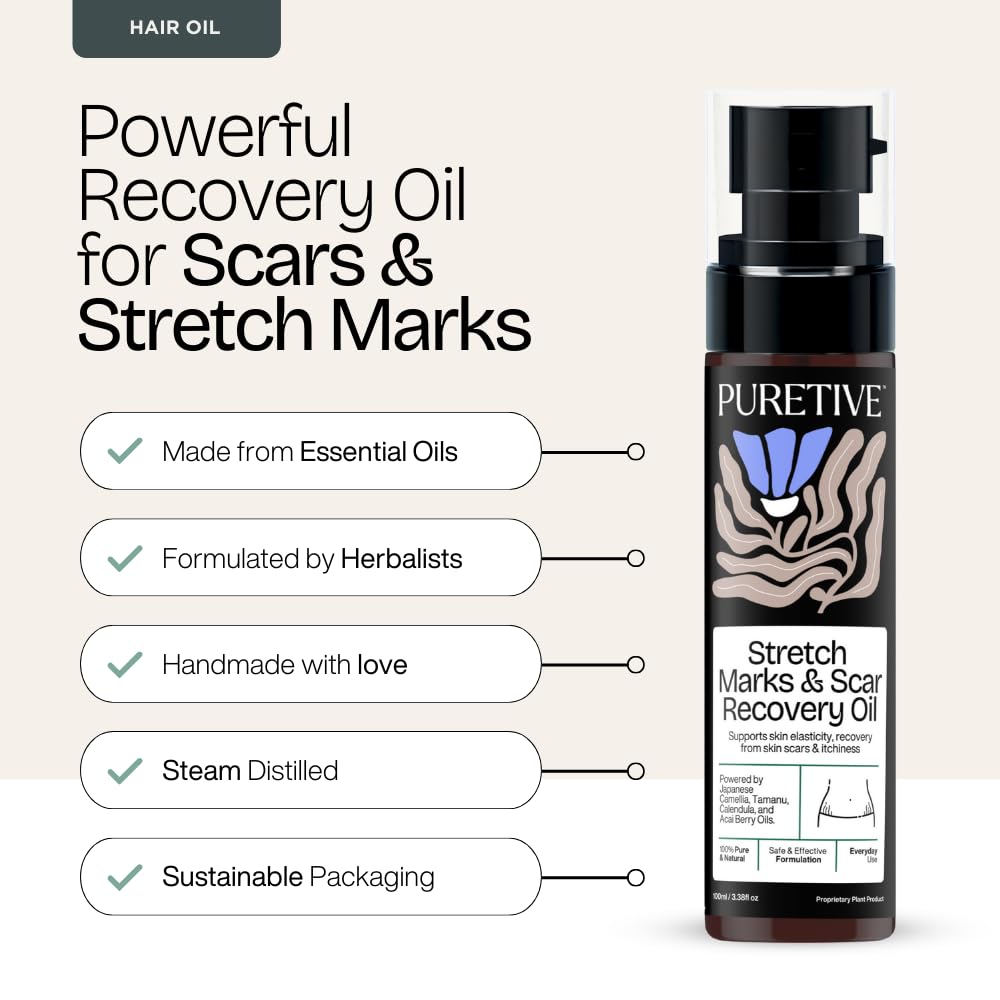PURETIVE stretch marks and scar recovery oil bottle with product features on a beige background
