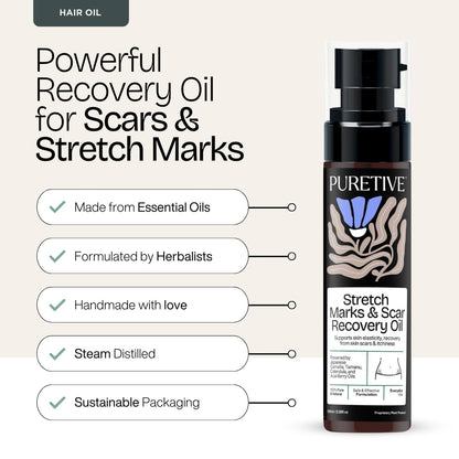 PURETIVE stretch marks and scar recovery oil bottle with product features on a beige background