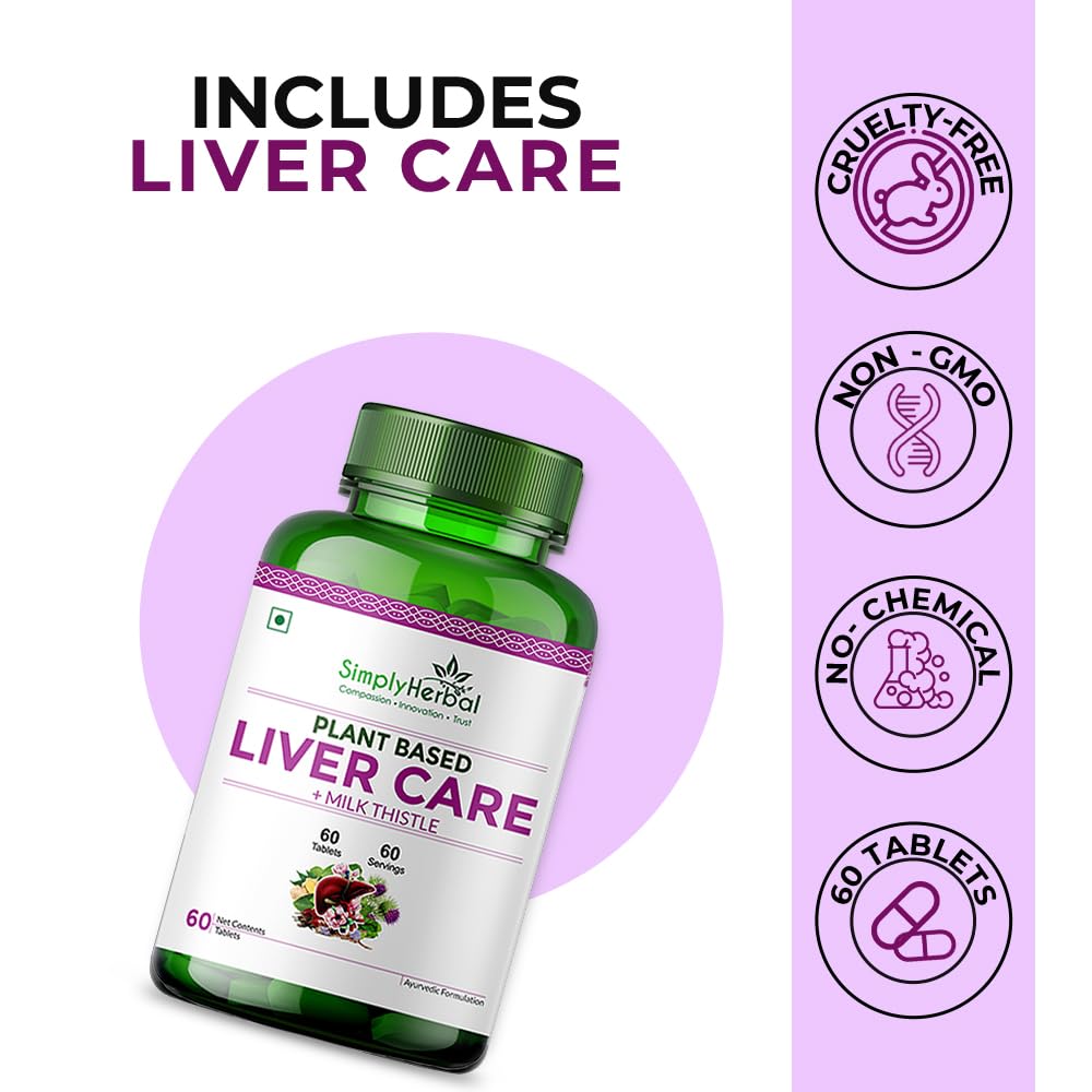 Simply Herbal Plant Based Liver Detox Tablet, Milk Thistle Extract Supplement for Men and Women | Liver Care Health & Gall Bladder Health Supplement | Dandelion, Drumstick, Green Turmeric (60 Tablets)