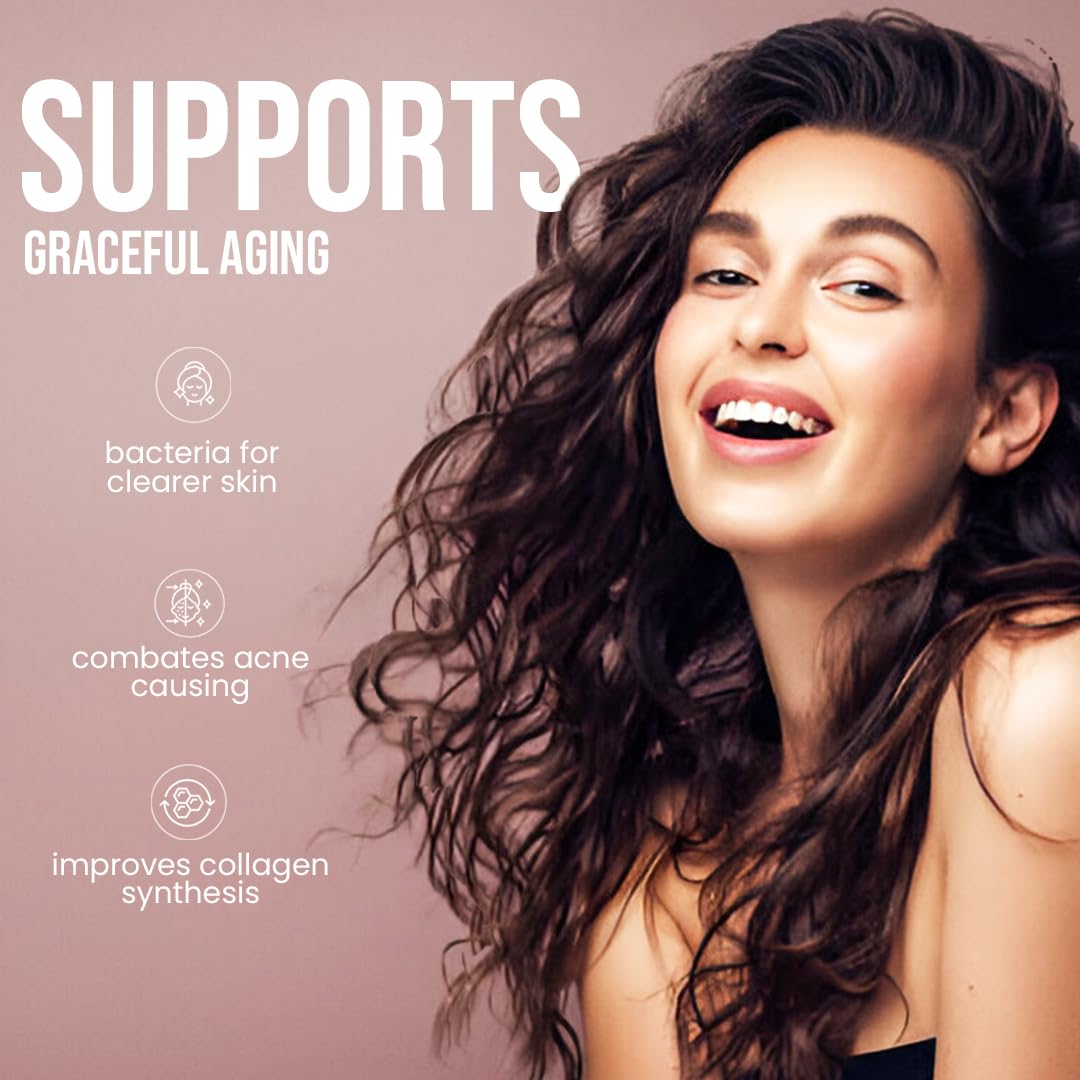 Woman with long, wavy hair against a pink background with text about skincare benefits.