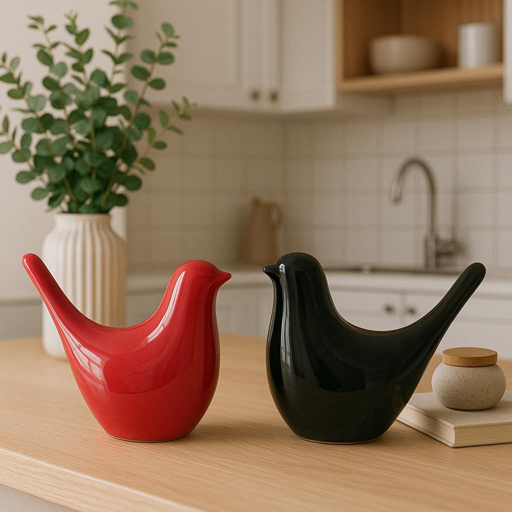 Creative Black and Red Glossy Ceramic Birds Figurines Home Decorations Accessories Party (Pack of 2, Black and Red)