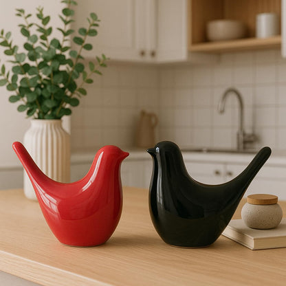 Creative Black and Red Glossy Ceramic Birds Figurines Home Decorations Accessories Party (Pack of 2, Black and Red)
