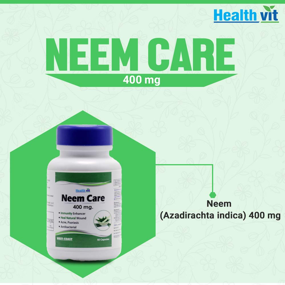 Healthvit Neem Care supplement bottle on a green background with 'Healthvit' branding.