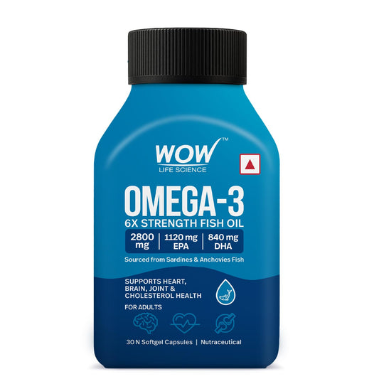 WOW Life Science Omega‑3 6X Strength Fish Oil Softgel Capsules | 2800 mg Fish Oil with 1120 mg EPA & 840 mg DHA | Supports Heart, Brain & Joint Health | Sourced from Sardines & Anchovies | 30 Softgel Capsules