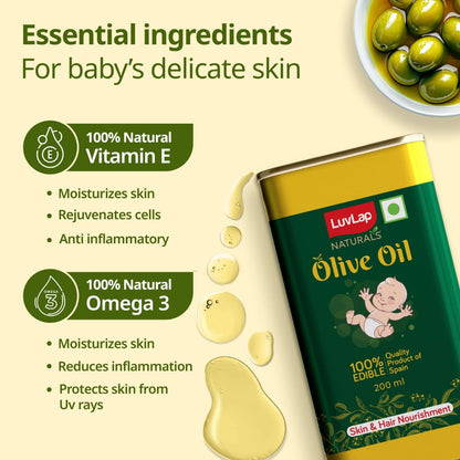 LuvLap Naturals Baby Body Massage Olive Oil, 100% Olive Oil for New Born, 200 ML, Spanish Premium, Enriched with Vitamin E, Enhances Bone & Muscle Strength