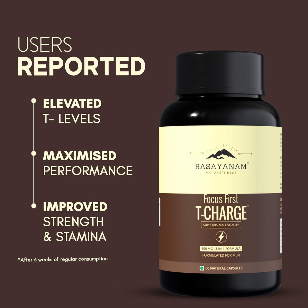 Rasayanam T-Charge supplement bottle with user-reported benefits on a brown background