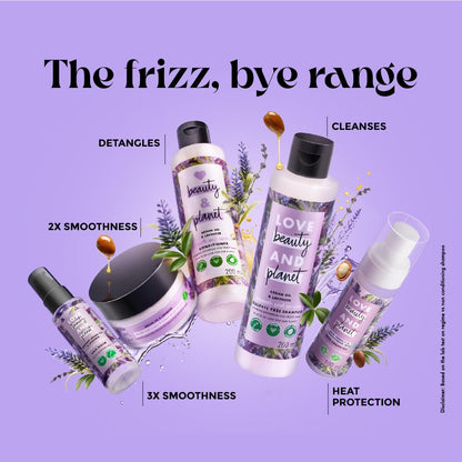 Hair care product range with bottles and text on a purple background