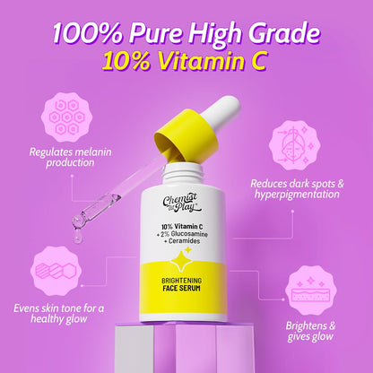 Chemist At Play 10% Vitamin C Serum for Glowing Skin | Pigmentation & Dark Spots | Skin Brightening Face Serum | With Ethyl Ascorbic Acid, Lactic Acid & Glucosamine | For Men & Women | 10 ml