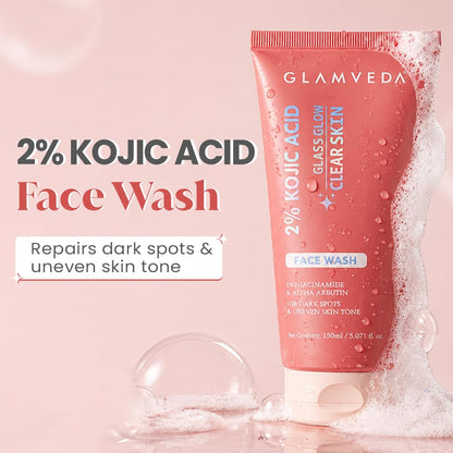 Glamveda 2% Kojic Acid Face Wash 150ml | With Niacinamide & Alpha Arbutin | Reduces Dark Spots, Pigmentation, Uneven Tone & Tan Removal | Cleanses & Skin Brightening | For Women & Men | All Skin Type
