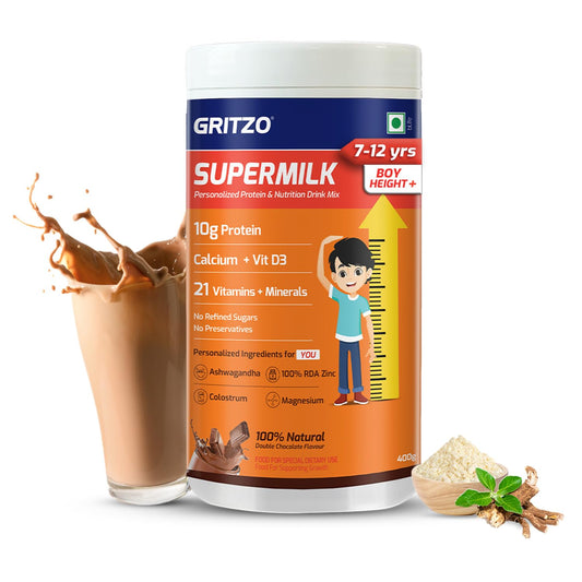 Gritzo SuperMilk Height+ (7-12y Boys), 10g Protein Powder (Double Chocolate, 400g) | Zero Refined Sugar, 21 Vitamins & Minerals