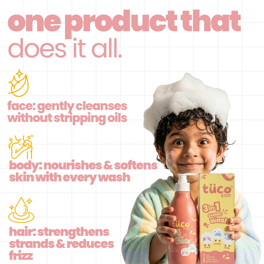 Tuco Kids 3-in-1 Head to Toe Wash, 300ml, 3-12 Years | Shampoo, Body Wash & Face Wash, Oat Extract, Rice Water, Almond Oil & Green Gram, Clinically Tested