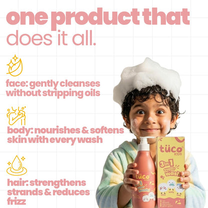 Tuco Kids 3-in-1 Head to Toe Wash, 300ml, 3-12 Years | Shampoo, Body Wash & Face Wash, Oat Extract, Rice Water, Almond Oil & Green Gram, Clinically Tested