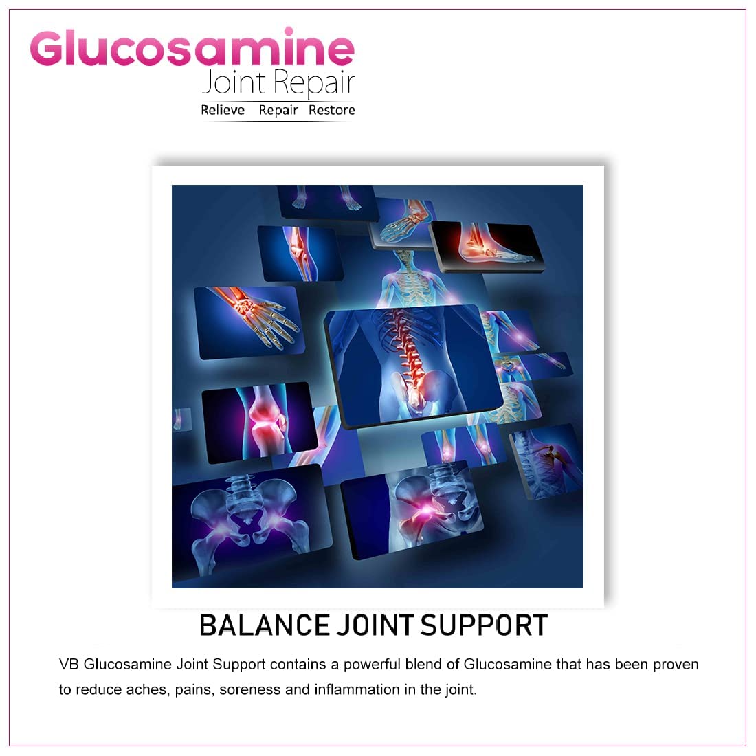 Advertisement for Glucosamine Joint Repair with images of joints on a blue background.