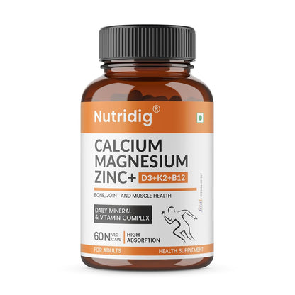 Nutridig Veg Calcium Magnesium Zinc Supplement with Vitamin D3, K2 MK7 & B12 | Daily Bone, Muscle & Mineral Nutrition for Men & Women - 60 Capsules