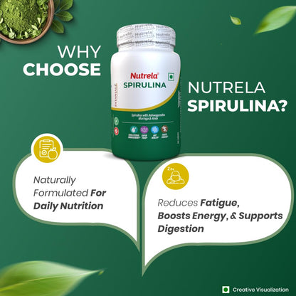 Nutrela Nutrition Spirulina Tablets | High-Protein Superfood | Rich in Vitamins, Minerals & Antioxidants | Boosts Immunity & Energy | Gluten-Free & GMO-Free | Vegan-Friendly