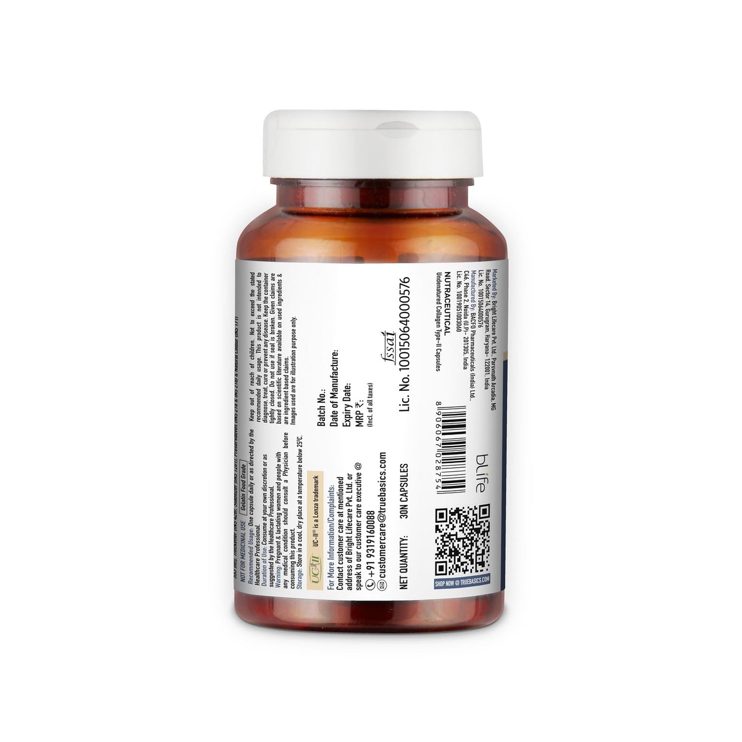 Brown supplement bottle with white label on a white background