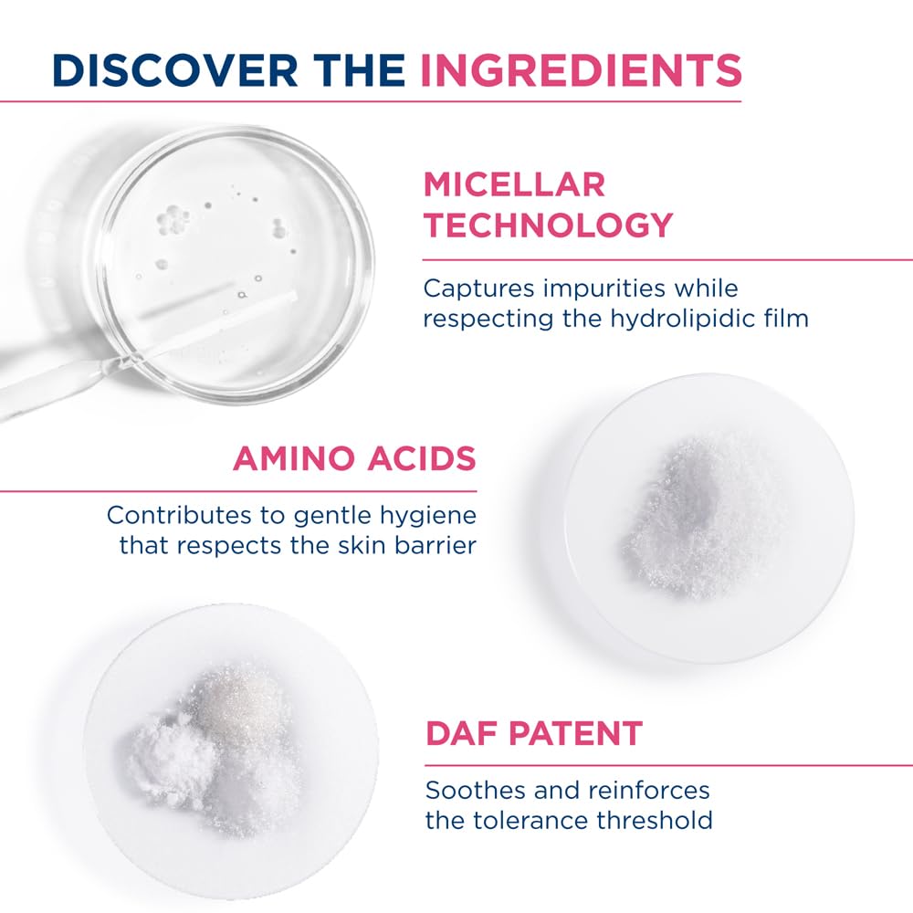 Product ingredients with micellar water, amino acids, and DAF patent on a white background.