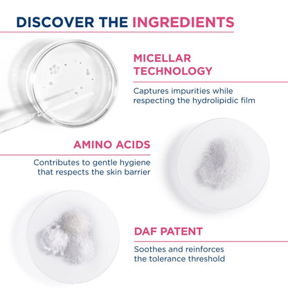 Product ingredients with micellar water, amino acids, and DAF patent on a white background.