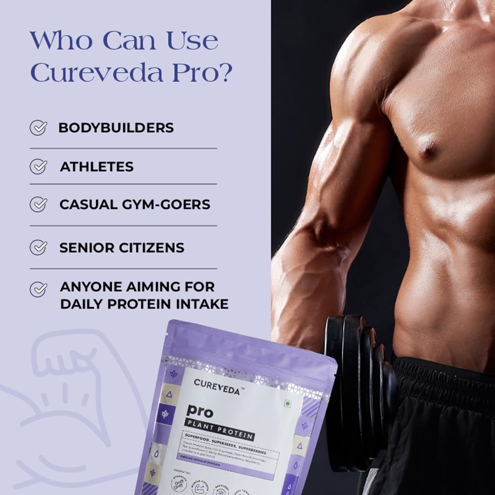 Cureveda Pro protein package with a muscular person holding weights on a dark background