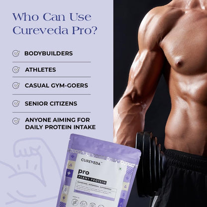 Cureveda Pro protein package with a muscular person holding weights on a dark background
