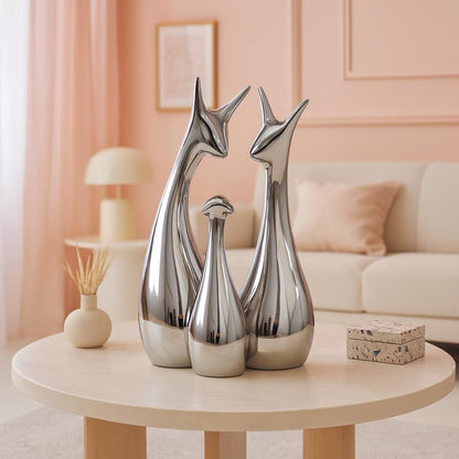 Home Decor Lucky Silver Deer Statue Family Ceramic Figures - (Set of 3, Silver Set)