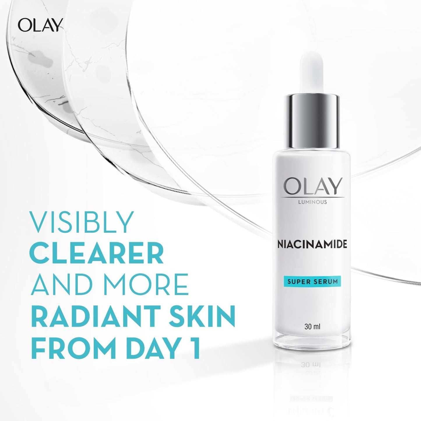 Olay Niacinamide super serum bottle with text on a white background
