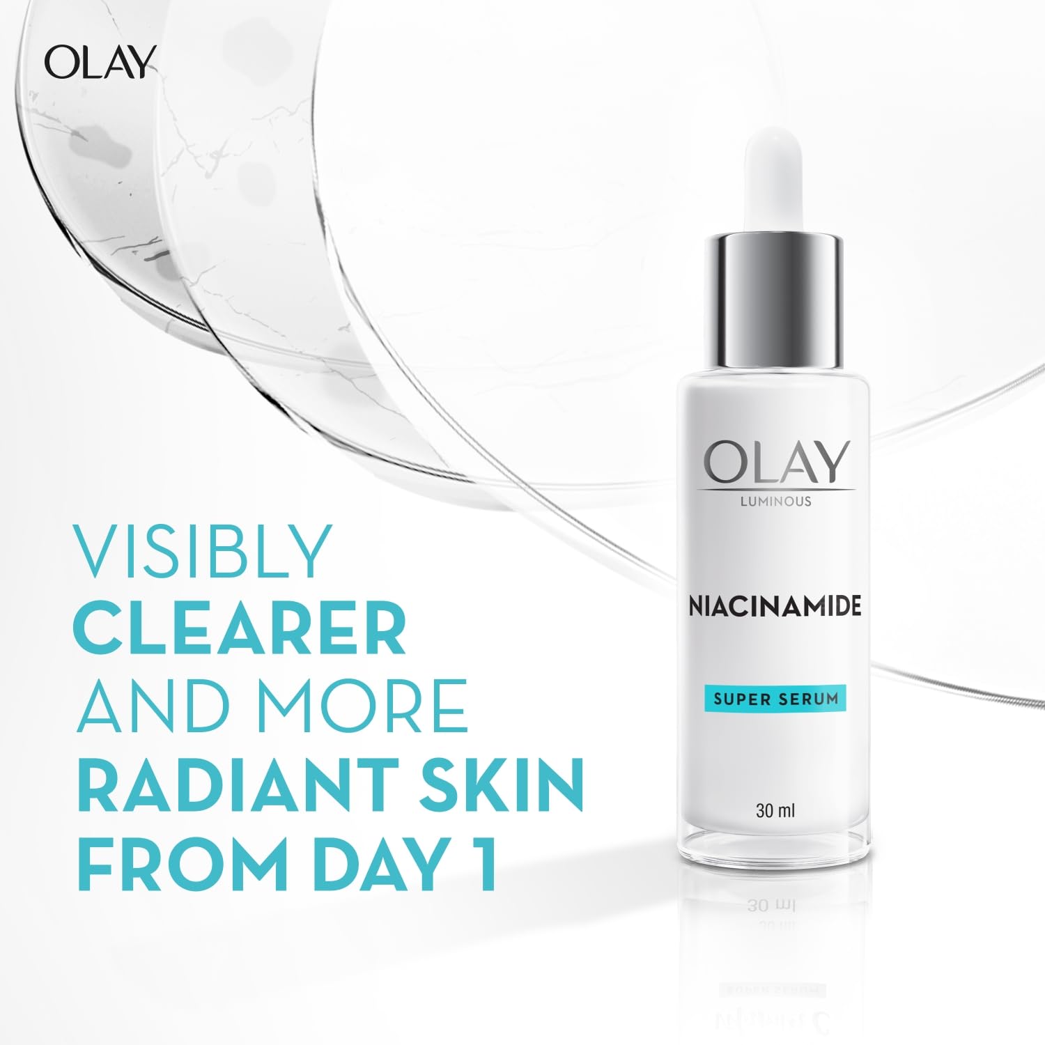 Olay Niacinamide super serum bottle with text on a white background