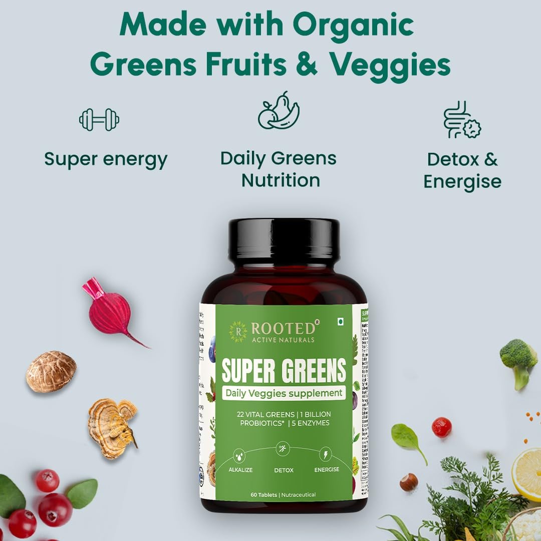 Rooted Active Super Green Tablets for Men & Women, 60 Tablets 22+ Vital Greens, 1 Billion Probiotics, 5 Enzymes, Supports Gut Health, Energy, Immunity