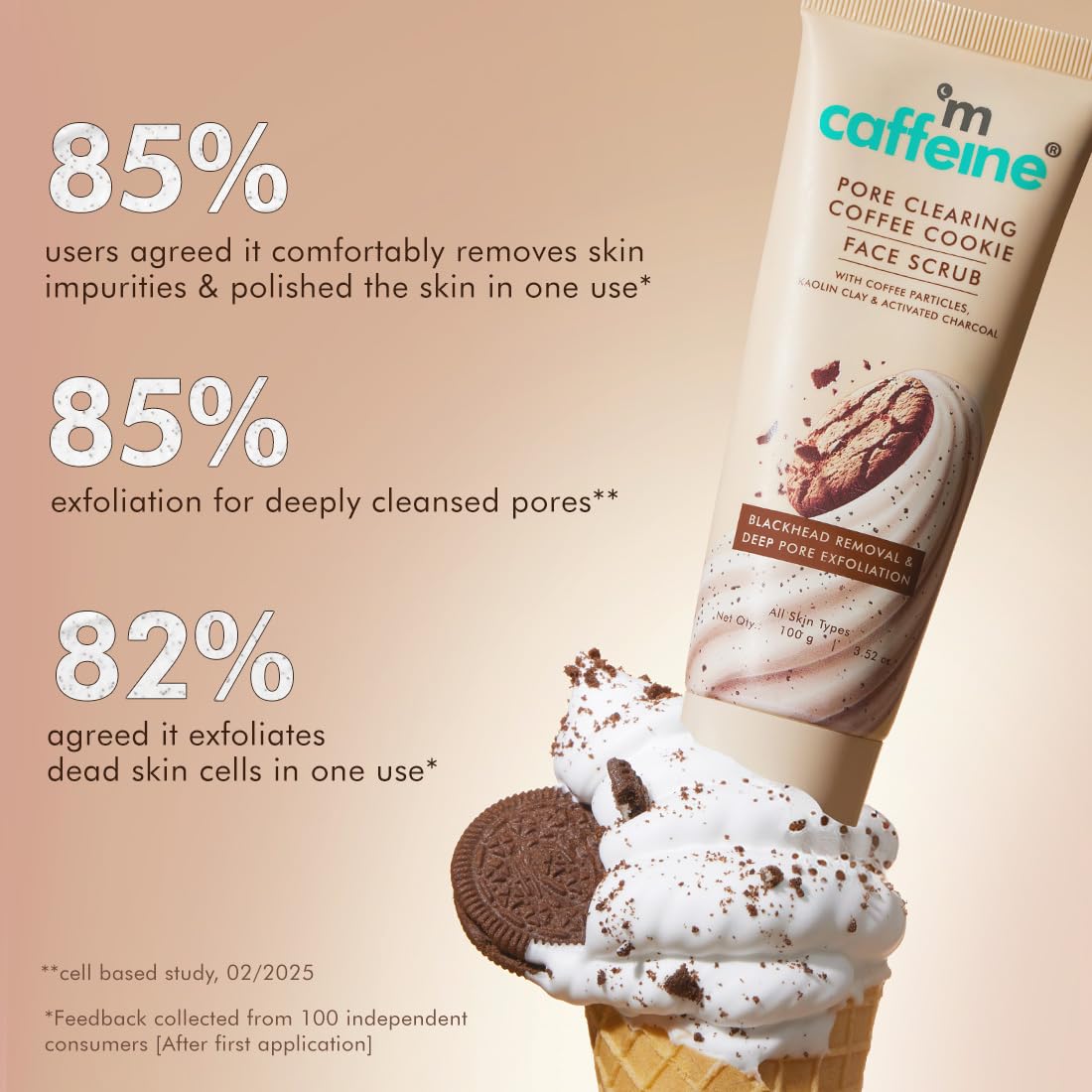 Tube of 'm caffeine' face scrub with ice cream cone and cookie decoration on a beige background