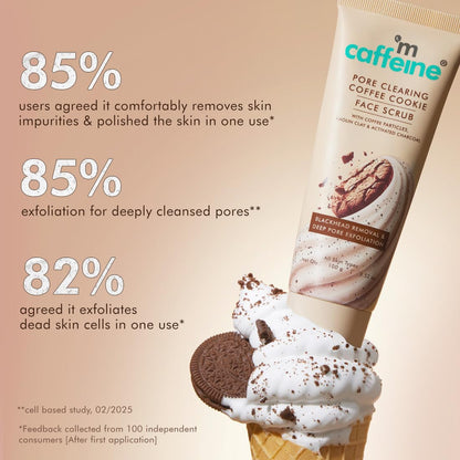 Tube of 'm caffeine' face scrub with ice cream cone and cookie decoration on a beige background