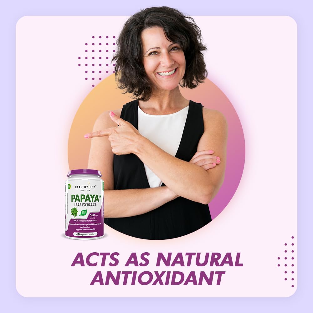 Woman pointing to a bottle of Papaya Leaf Extract with text about antioxidants on a light purple background