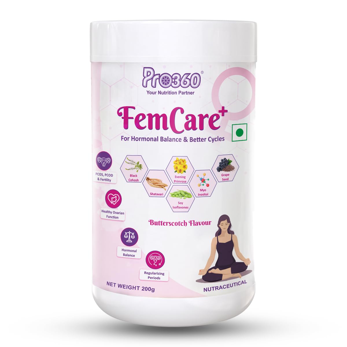 Pro360 FemCare+ PCOS PCOD Nutritional Supplement Powder for Hormonal Balance, Better Cycles, Supports Normal Ovulation in Women Wellness - Butterscotch Flavor 200gm
