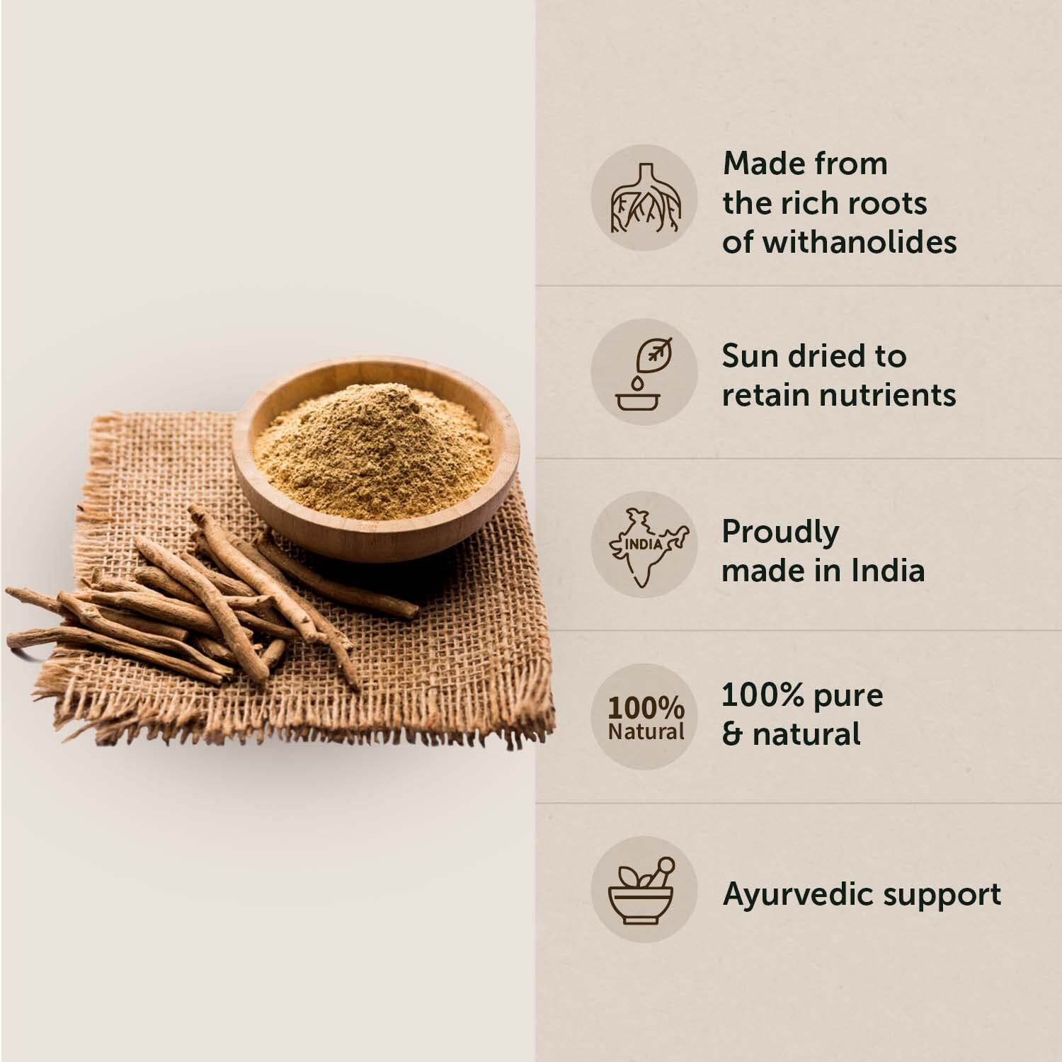 Bowl of powdered root with roots on a cloth, alongside text about product features.