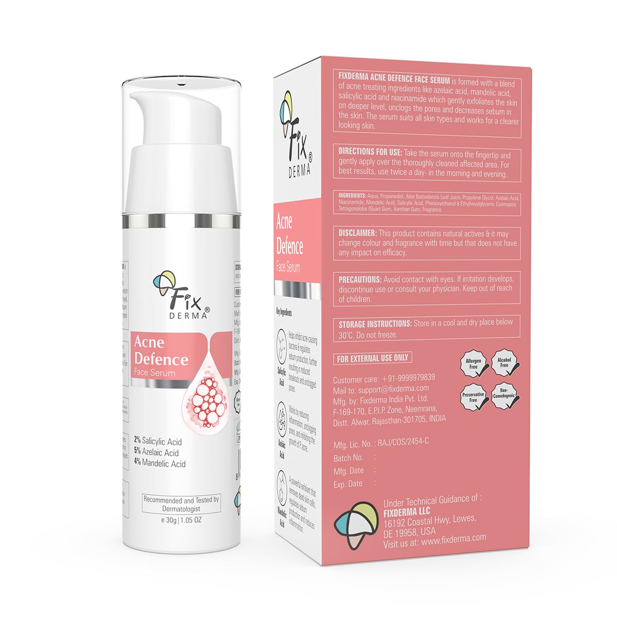 Fixderma 2% Salicylic Acid Serum for Anti Acne & Spot Treatment with 5% Azelaic Acid & 4% Mandelic Acid | Anti Acne Face Serum | Face Serum for Men & Women - 30 gm