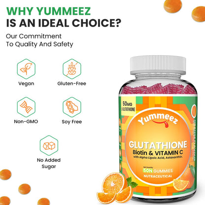 Yummeez Glutathione Biotin & Vitamin C supplement bottle with product features on a white background