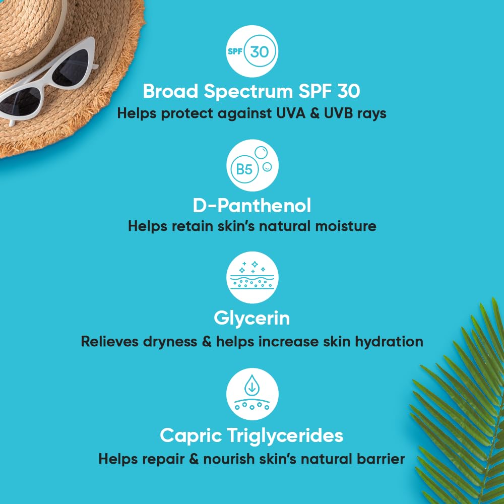 Sunscreen product with SPF 30 and ingredients on a blue background