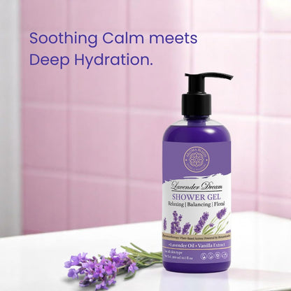 Lavender Dream shower gel bottle with lavender flowers on a pink tiled wall background