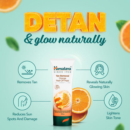 Himalaya Tan Removal Orange Peel-Off Mask with product details on a light blue background with oranges and leaves.