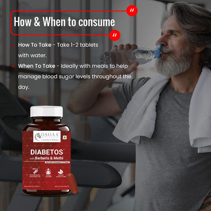 Osoo Diabetos supplement bottle with a man drinking water in the background