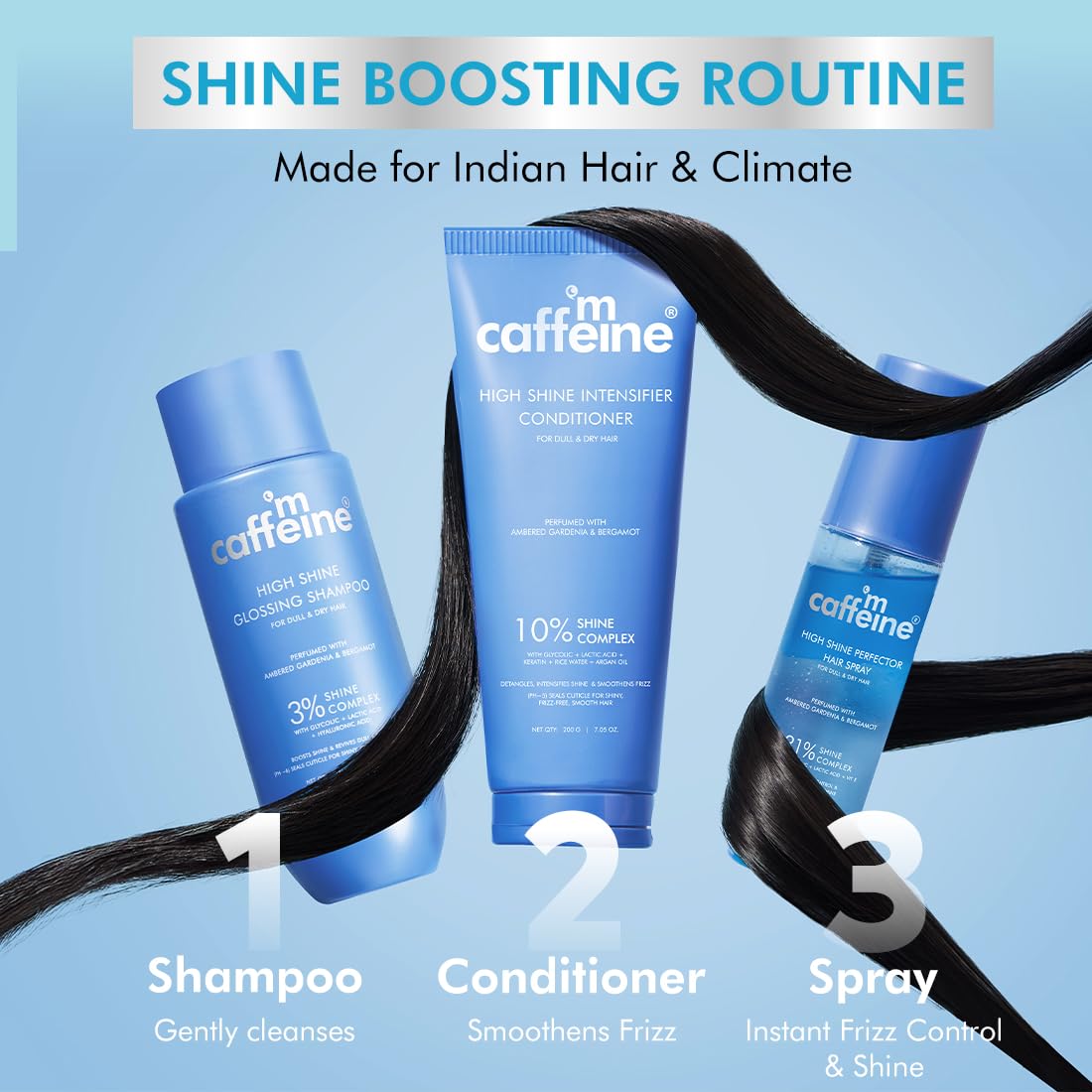 m caffeine hair care products with text on a blue background