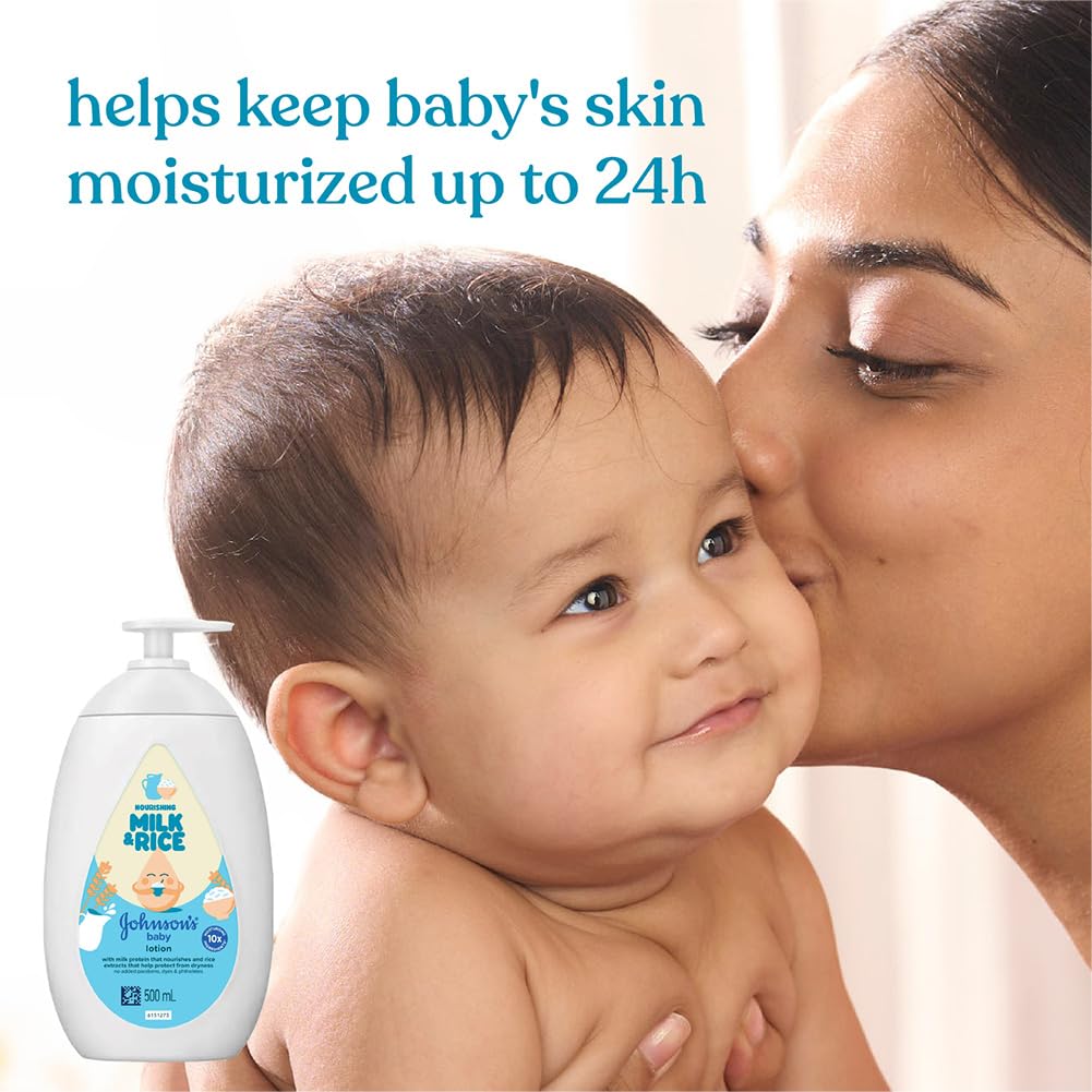 Johnson's Baby Milk & Rice Lotion 500ml | Moisturizes & Nourishes Sensitive Skin | With Milk Protein, Rice Extracts & Multivitamin Complex | Hypoallergenic, pH Balanced | No Parabens or Sulphates