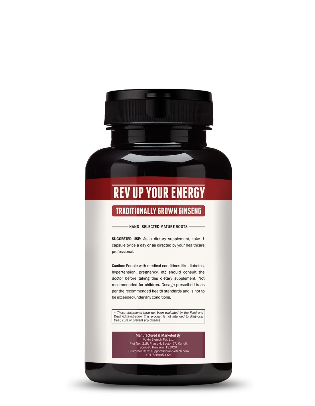 Supplement bottle with red label on a white background