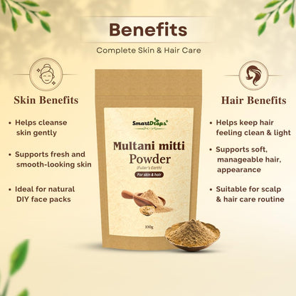 Smartdrops Multani Mitti Powder for Hair and Skin Care Fullers Earth Face Pack Hair Pack and DIY Beauty Routine Powder | 100g (Pack-1)